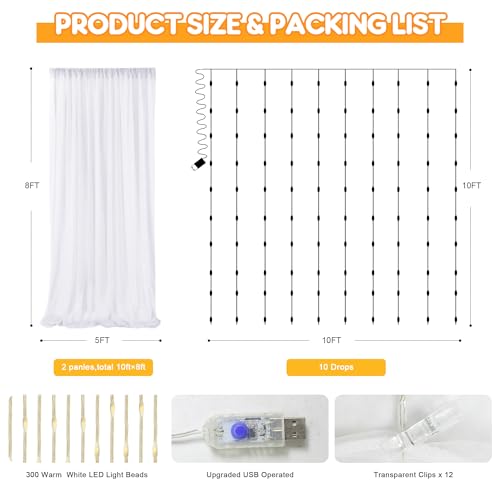 Fomcet White Backdrop Curtains with Lights String 10X8FT Polyester Fabric & Tulle Curtains Backdrop Drapes for Back Drop P...