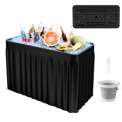 4 Foot Ice Cooler Table, Folding Buffet Cold Food Keeper w/Removable Matching Skirt & Drain Plug, Portable Patio Outdoor C...