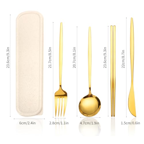 Novasteel Premium Travel Flatware Set,4 Pieces Golden Stainless Steel Flatware with Eco-Friendly Storage Case,Reusable, Po...