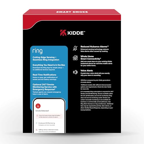 Kidde Smart Smoke Detector, Ring App Enabled for Real-Time Notifications, Hardwired Alarm, AA Backup Battery