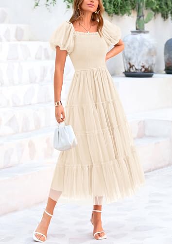 PRETTYGARDEN Women's Smocked Midi Tulle Dress 2026 Summer Puffy Short Sleeve Square Neck Ruffle Wedding Guest Party Dresses