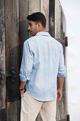 Mens Button Down Shirt Linen Cotton Shirts Casual Long Sleeve Spread Collar Lightweight Beach Plain Tops
