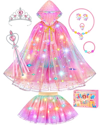 DOLNOW Princess Dress Up for Girls, Unicorn Light up Princess Cape Princess Dress Costume Crown Gift for Girls 3 4 5 6