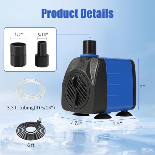 AQUANEAT Small Fountain Pump, 160 GPH Mini Submersible Water Pump with 3.3 ft Tubing, for Aquarium Fish Tank, Pet Water Fo...
