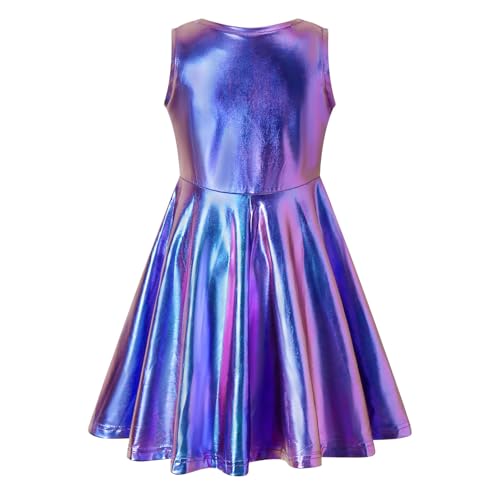 Shekavarld Girls Metallic Dress Kids Sparkly Shiny Dresses Twirl Swing Dresses