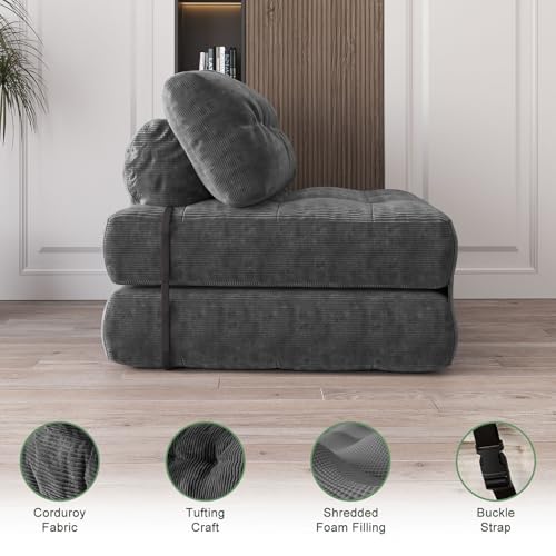Garvee Folding Sofa Bed, Futon Sofa Bed, Floor Folding Couch for Living Room, Convertible Sleeper Chair with Pillow Foldable Mattress Back Support, Portable Fold Out Couch, Full Corduroy Dark Grey