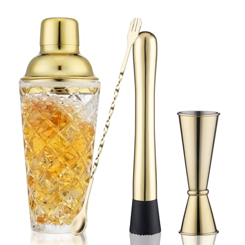 Gbuxska Gold Cocktail Shaker Set - Premium Glass Bartender Kit with Measuring Jigger, Mixing Spoon, and Muddler
