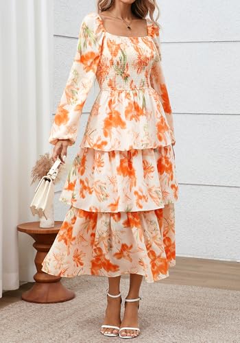 BTFBM Spring Dresses for Women 2026 Floral Long Sleeve Smocked Square Neck Ruffle Tiered Flowy Party Wedding Guest Dress