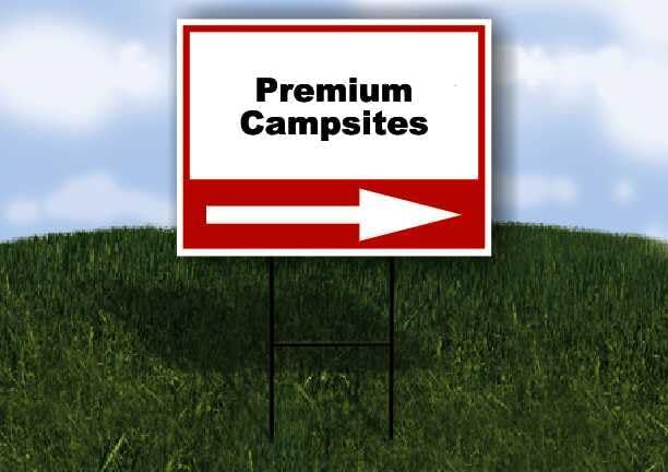 Premium Campsites Right Arrow White Red Black Single Sided 18x24 in Yard Road Sign w/Stand
