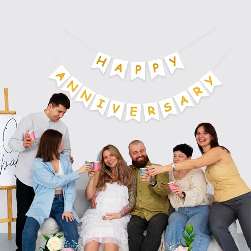 PANRRPERS White Happy Anniversary Banner, Party Supplies for Wedding Birthday Party Ceremony Decoration