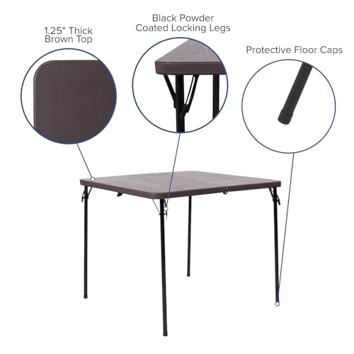 Flash Furniture Dunham 2.83-Foot Square Bi-Fold Brown Wood Grain Plastic Folding Table with Carrying Handle