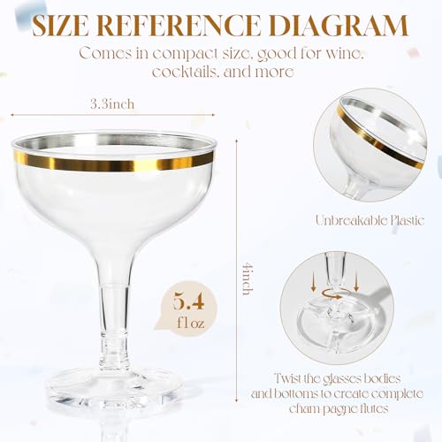 RYTOXILO Champagne Tower Glasses, 50 Pack 5.4 fl oz Plastic Coupe Glasses for Parties with Gold Rimmed, Disposable Clear A...