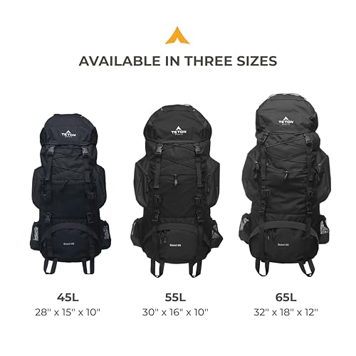 Teton 55L Scout Internal Frame Backpack for Hiking, Camping, Backpacking, Travel, Rain Cover Included, Black