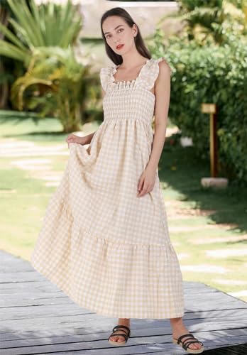 chouyatou Women's Retro Plaid Smocked Dress Spaghetti Strap Flounce Long Dress