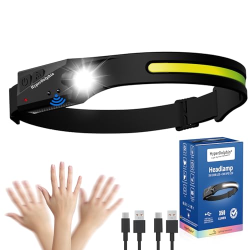 HyperDolphin Headlamp Rechargeable, LED Waterproof Headlight for Adults, 230° Headband Light Forehead, USB Head lamp Band,...