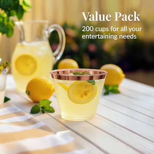 Prestee 200 Rose Gold Plastic Cups, 9oz – Elegant Hard Disposable Tumblers for Wine, Cocktails & Beverages – Clear Plastic...