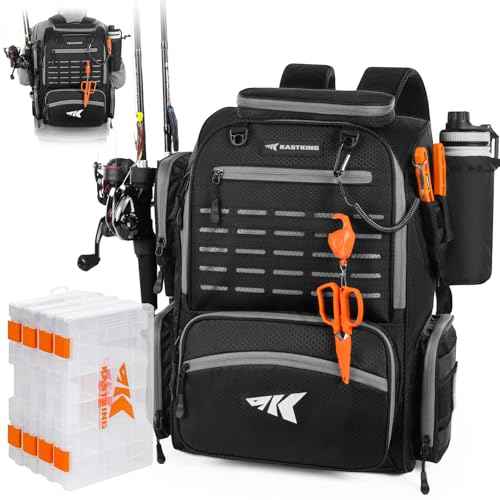 KastKing Bait Boss Fishing Tackle Backpack with Rod Holders-4 Tackle Boxes-Rain Cover,45/43L Large Storage for Fishing Gear
