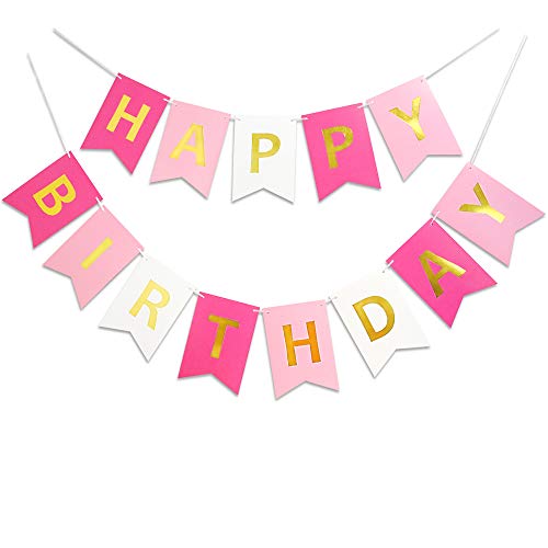 Roseo Pink Happy Birthday Banner Signs Golden Sparkle Funny Birthday Party Supplies for Girls Party Decorations Nursery De...
