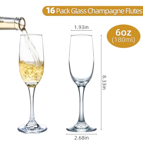 SHYRC Glass Champagne Flutes Set of 16, 6oz Classic Champagne Glasses, Sparkling Wine Glass, Champagne Flutes with Long St...