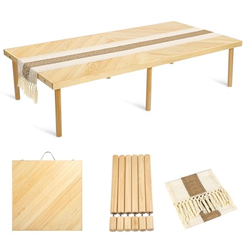 Folding Picnic Table with Table Runner, Portable Boho Low Picnic Table for Indoor Outdoor, 60" x 30" Wooden Table with Adj...