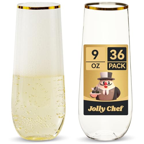 JOLLY CHEF 36 Pack 9 Oz Plastic Champagne Flutes, Gold Stemless Plastic Toasting Glasses| Shatterproof | Heavy Duty | Plas...