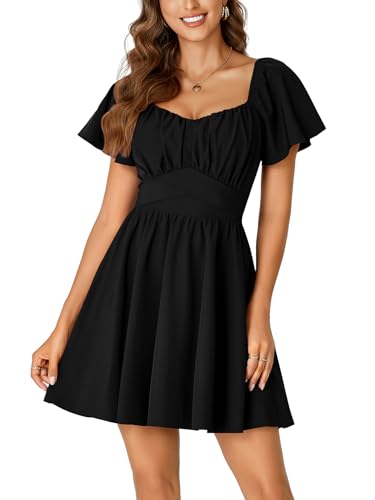 Rooscier Women's Tie Back Square Neck Wrap Ruffle Short Sleeve Flare Mini Dress