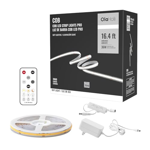 Olaholii 16.4ft COB Led Strip Light with Remote, 6500K Ra93+ Dimmable Bright Daylight White Led COB Strip Light, White Con...
