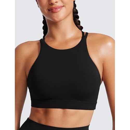 CRZ YOGA Womens Butterluxe High Neck Longline Sports Bras - Criss Cross Halter Wireless Padded Gym Workout Crop Top