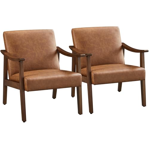 Yaheetech PU Leather Accent Chair, Mid-Century Modern Armchair with Solid Wood Legs, Reading Leisure Chair with High Back ...