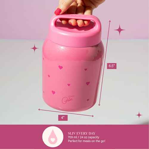 Paris Hilton Stainless Steel Food Jar, Double Wall Vacuum Sealed Insulated Food Storage Container with Carry Handle Lid, 24-Ounce, Pink with Heart Design