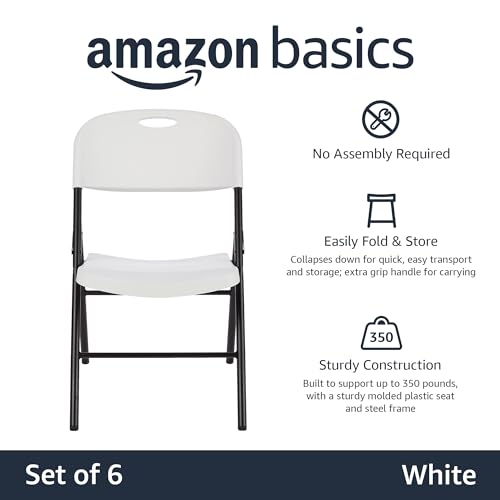 Amazon Basics Sturdy Foldable Plastic Chair, Portable, 350-Pound Capacity, White, 6-Pack