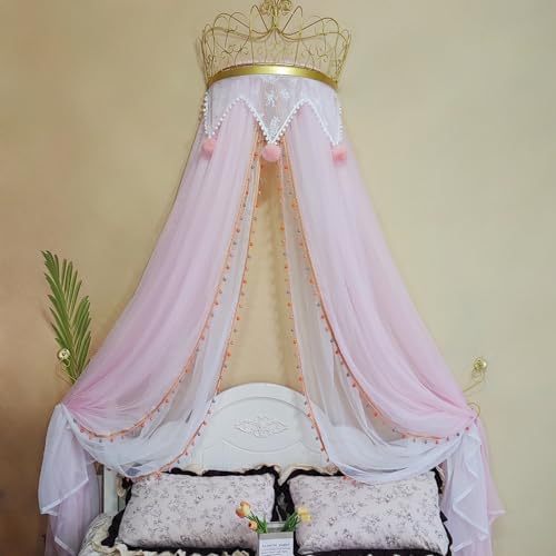 LIANGQIANJIN Bed Canopy for Girls, Princess Bed Canopy with Lights & Elegant Metal Crown, Enhances The Charm of Your Chil...