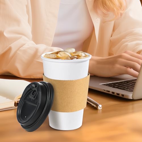Lamosi 50 Pack 20 oz Disposable Coffee Cups with Lids and Sleeves, White To Go Leak-Proof Paper Cups for Picnics, Parties,...