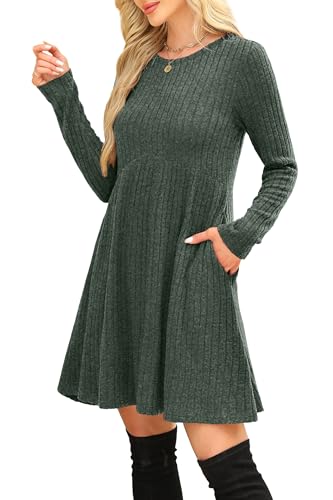 OFEEFAN Long Sleeve Dress for Women Crew Neck Empire Waist Tunic Dress with Pockets