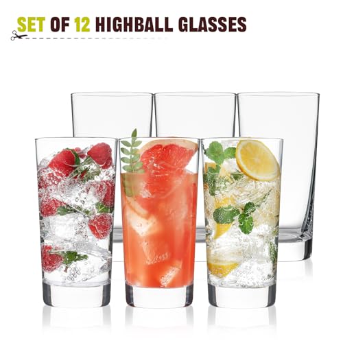 OUWO Highball Glasses Set of 12, 13oz Tall Drinking Glasses, Water Glass for Kitchen, Tom Collins Glasses, Mojito Glass Cu...