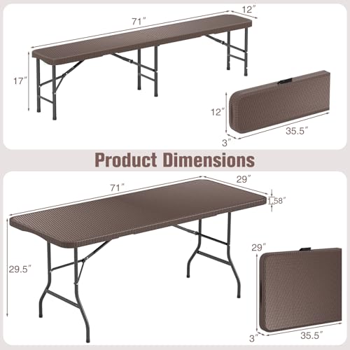 Goplus 6 FT 3-Piece Portable Picnic Table Bench Set, HDPE Rattan-Like Plastic Folding Picnic Tables with Benches, Foldable...