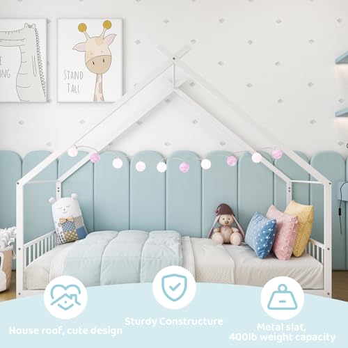 Twin Floor House Bed with Storage Shelf, Wood Twin Bed Frames with Headboard & Guardrail, Montessori Floor Bed with Wooden Slat Support for Boys Girls, White