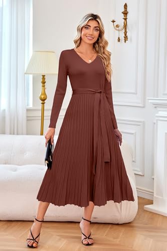 Arach&Cloz Women's Wool Blend Tie Waist Pleated Fall Sweater Dress 2025