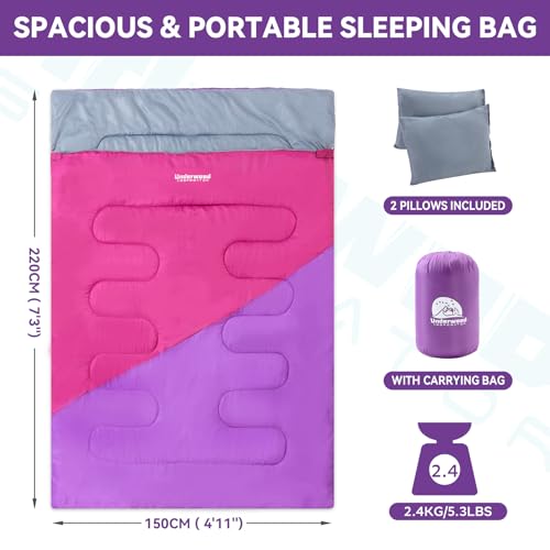 Double Sleeping Bag for Adults Kids - Lightweight 2 Person Sleeping Bag with Pillow, Queen Size Waterproof Camping Sack Tw...