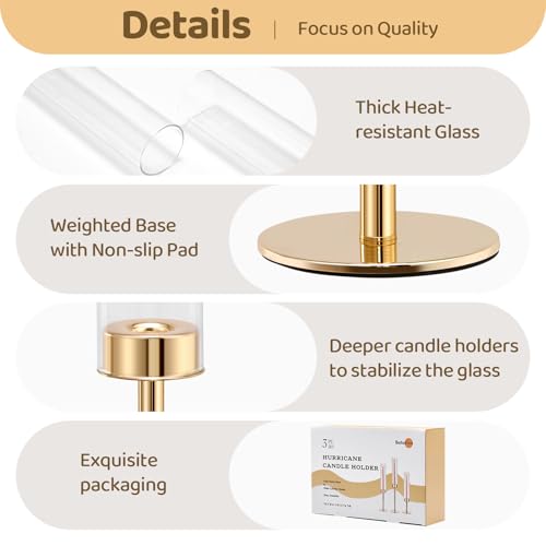 Gold Hurricane Candle Holders Set of 3, Tall Metal & Windproof Glass Taper Candle Holders, Brass Candlesticks Holder Decor...