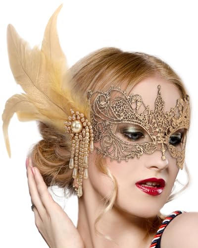 Zinniday Lace Masquerade Masks for Women - Elegant Venetian Mask 1920s 50s Antique Eyemask Feather Halloween Mask for Party