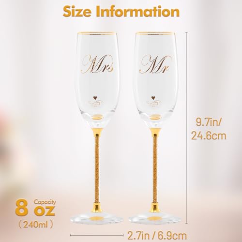 DUJUST Crystal Glass Wedding Champagne Flutes, Mr & Mrs Champagne Glasses with Handcrafted Gold Rim & 24K Gold Leaf Flake...