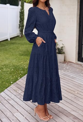 MEROKEETY Women's Fall Long Sleeve Floral Maxi Dress Lace Eyelet Hollow Out Tiered Boho Wedding Guest Dresses Pockets