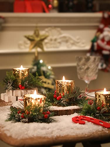 Christmas Candle Ring, 4 Pcs Votive Candle with Red Berry Pinecone, Xmas Ring Candle for Table Centerpiece Decoration Wedd...