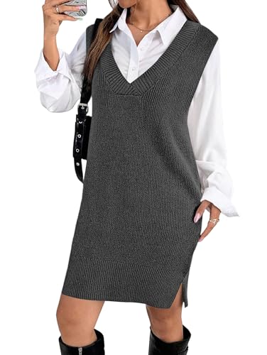 Zeagoo Women's V Neck Sweater Vest Dress Oversized Sleeveless Casual Pullover Sweater Fall Winter Knit Slit Short Dress