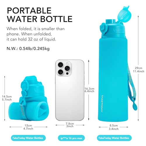 TakeToday Collapsible Water Bottles 32oz, Foldable Travel Water Bottle, BPA Free, Silicone Water Bottle Leakproof for Hiki...