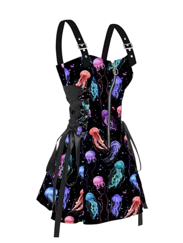 DRESSFO Women’s Gothic Buckle Strap Mini Dress – Lace Up Zipper Dress in Multiple Prints