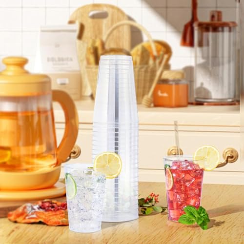 BYSNOW 100 Pack 12 oz Clear Plastic Cups, Disposable Wine Cups for Cocktail Party, Polystyrene Hard Plastic Cup with Highe...