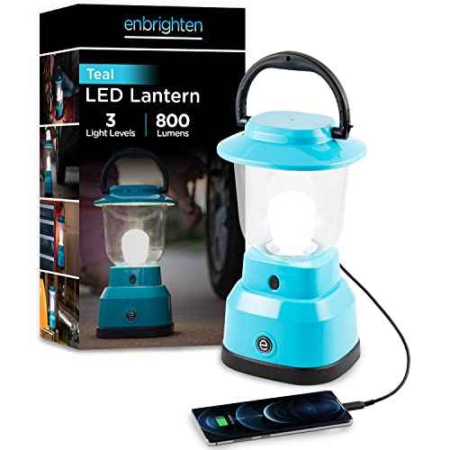 Enbrighten LED Large Camping Lantern, Battery Powered, USB Charging, 800 Lumens, 200 Hour Runtime, Carabiner Handle, Hiking Gear, Emergency Light, Blackout, Storm, Hurricane