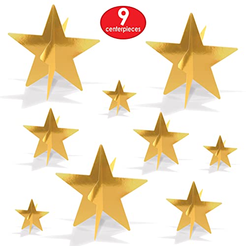 Beistle Gold 3-D Foil Star Centerpieces, 9-Count – Metallic Starry Table Decorations in 3 Sizes for New Year’s Eve, Awards...